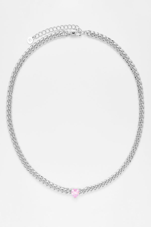 5mm Cuban Chain With Heart Stone - White Gold