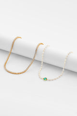 5mm Freshwater Pearl Blue Motif Necklace & 5mm Tennis Chain - Gold