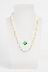 5mm Freshwater Pearl Green Motif Necklace & 5mm Tennis Chain - Gold