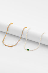 5mm Freshwater Pearl Green Motif Necklace & 5mm Tennis Chain - Gold