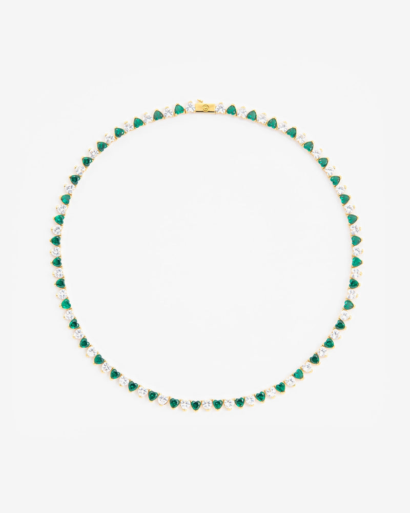 5mm White & Green Heart Tennis Link Chain - Gold