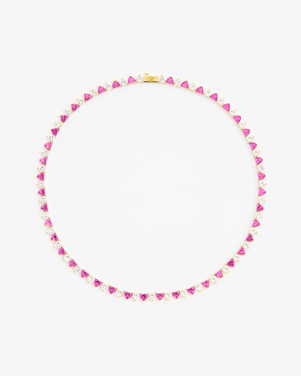 5mm White & Pink Heart Tennis Link Chain - Gold