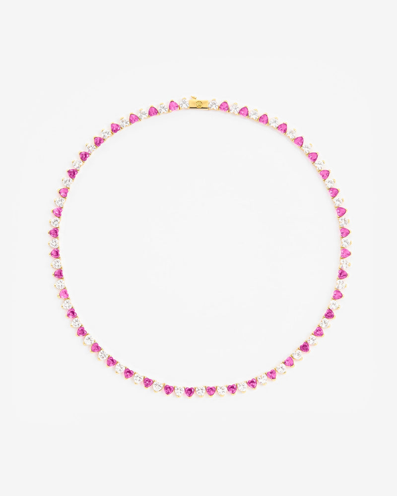 5mm White & Pink Heart Tennis Link Chain - Gold