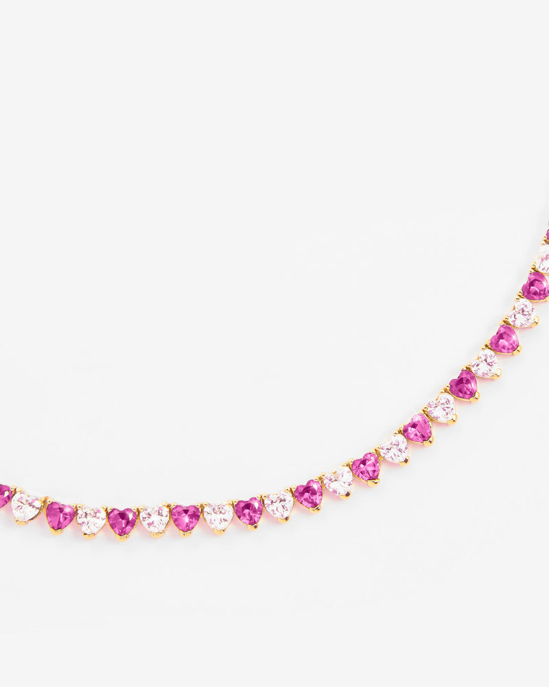5mm White & Pink Heart Tennis Link Chain - Gold