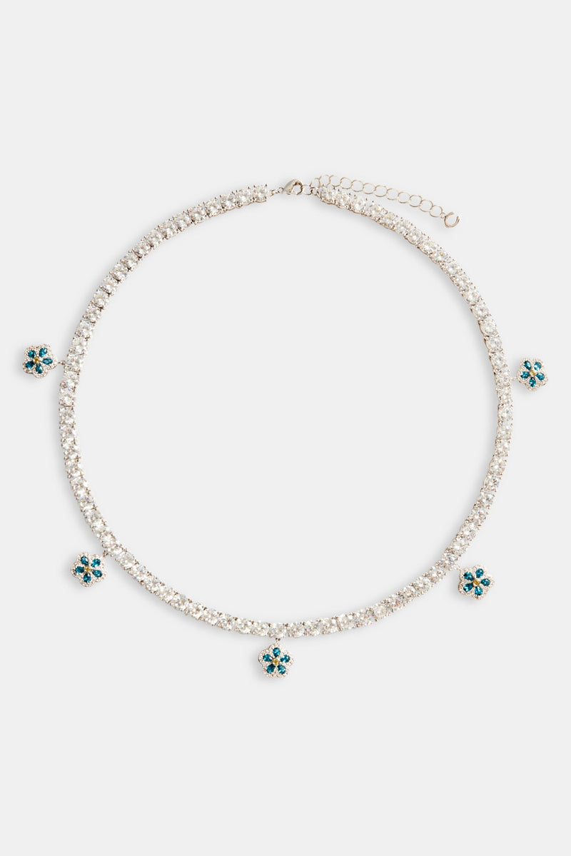 5mm Iced Blue CZ Flower Drop Tennis Necklace