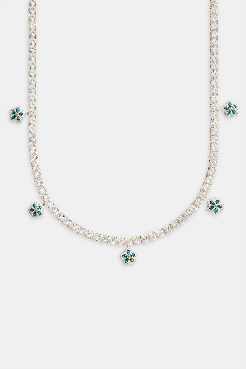 5mm Iced Blue CZ Flower Drop Tennis Necklace