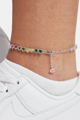 5mm Iced CZ Multi Colour Heart Tennis Anklet