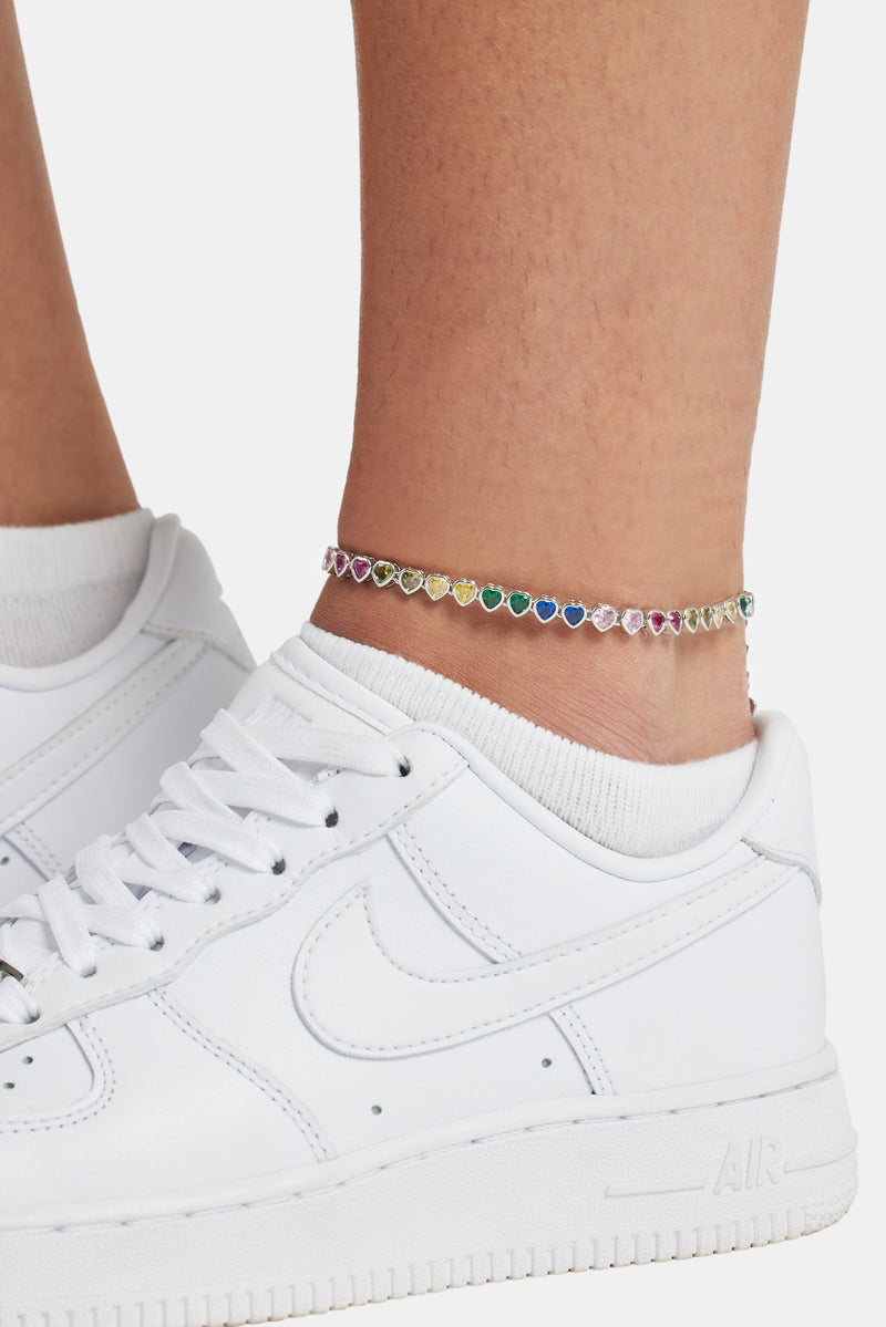 5mm Iced CZ Multi Colour Heart Tennis Anklet