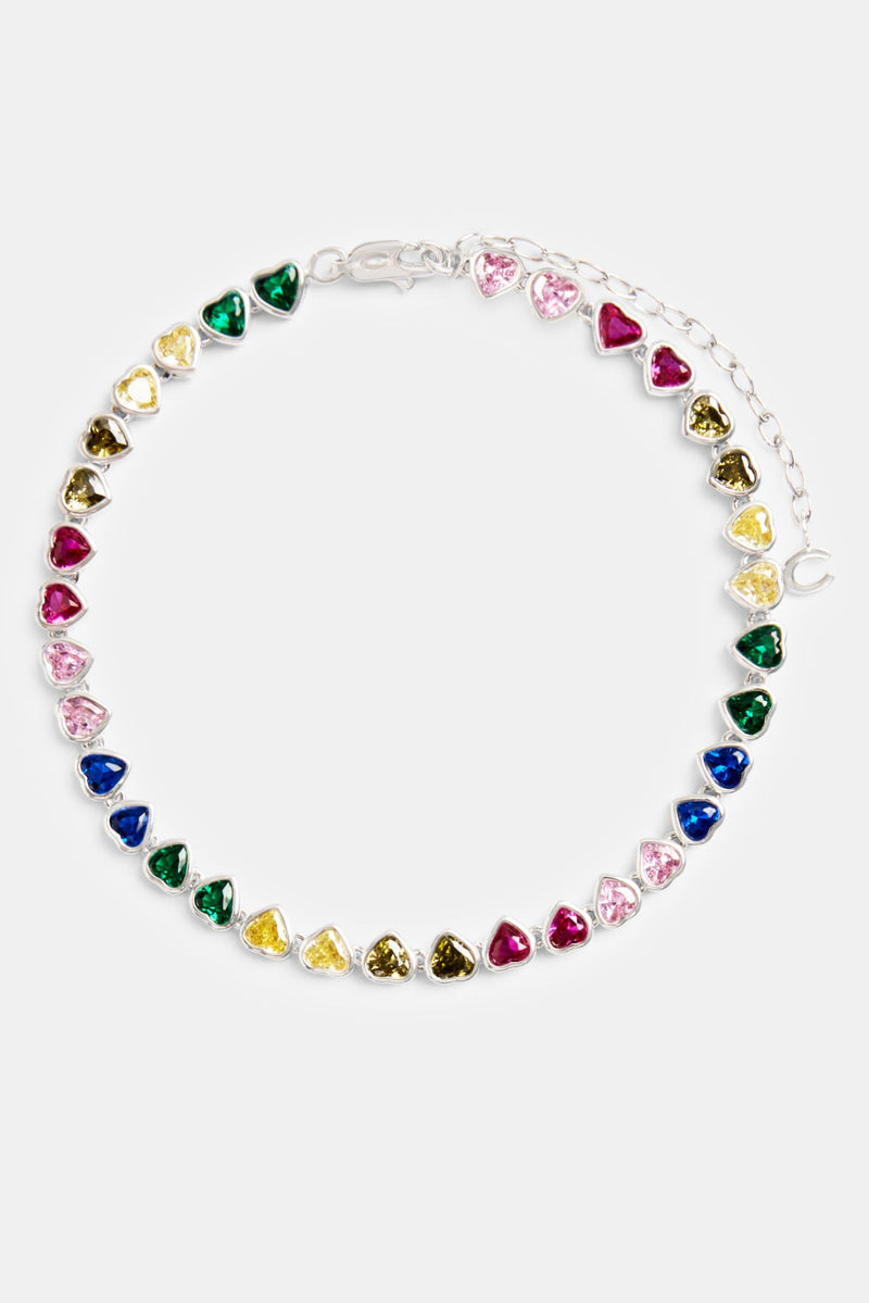 5mm Iced CZ Multi Colour Heart Tennis Anklet