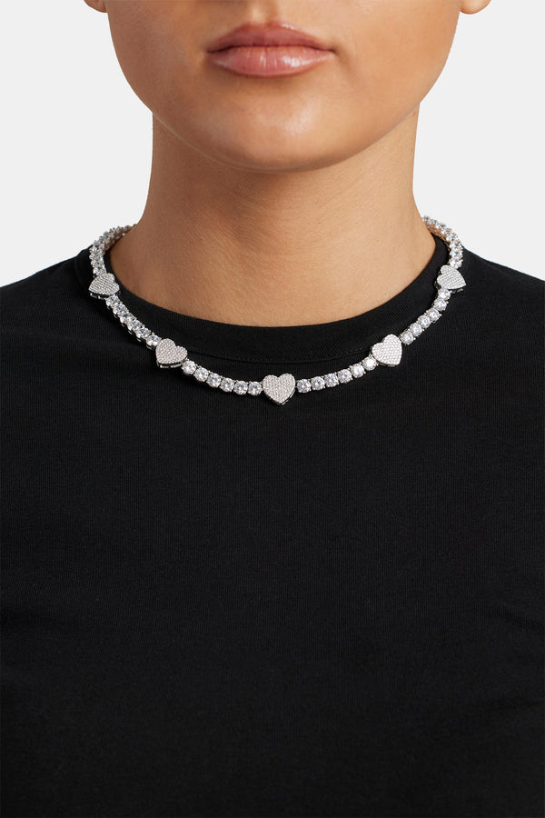 5mm Iced Cz Heart Tennis Necklace - White Gold