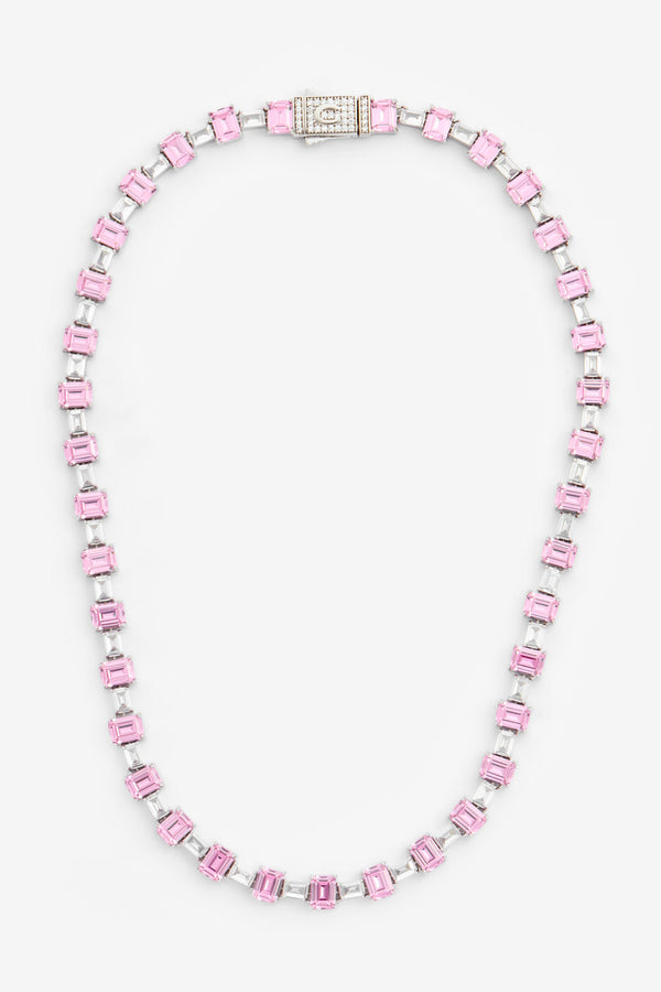 5mm Pink Baguette Tennis Chain - White Gold