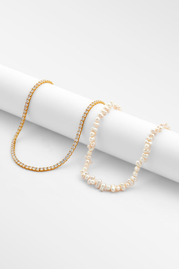 Double Cluster Pearl Necklace & 5mm Tennis Chain - Gold