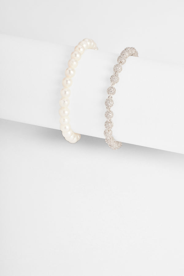 6mm Pearl Bracelet + 5mm Iced Ball Bracelet Bundle
