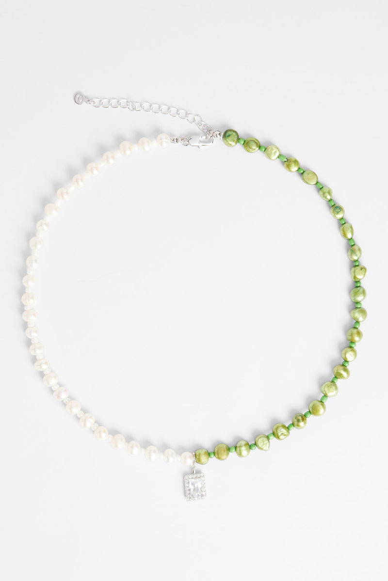6mm Half Freshwater Pearl & Half Green Iced Necklace