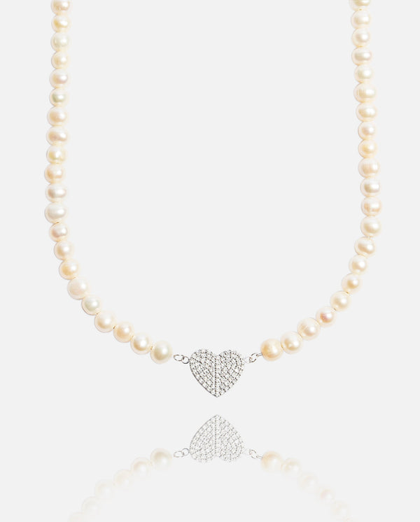 6mm Pearl Iced Heart Necklace