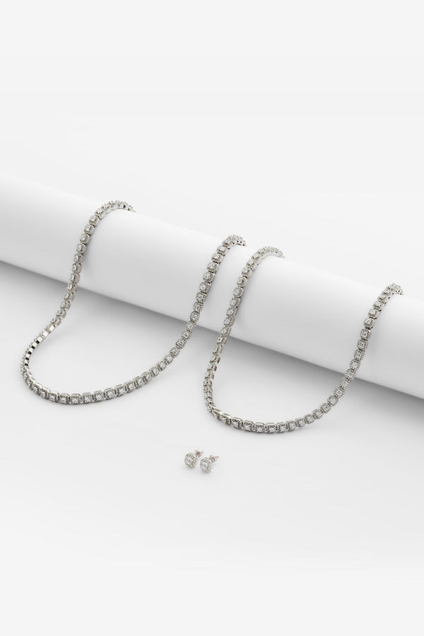7mm Clustered Tennis Chain + Bracelet & Iced Clustered Stud Earrings Bundle