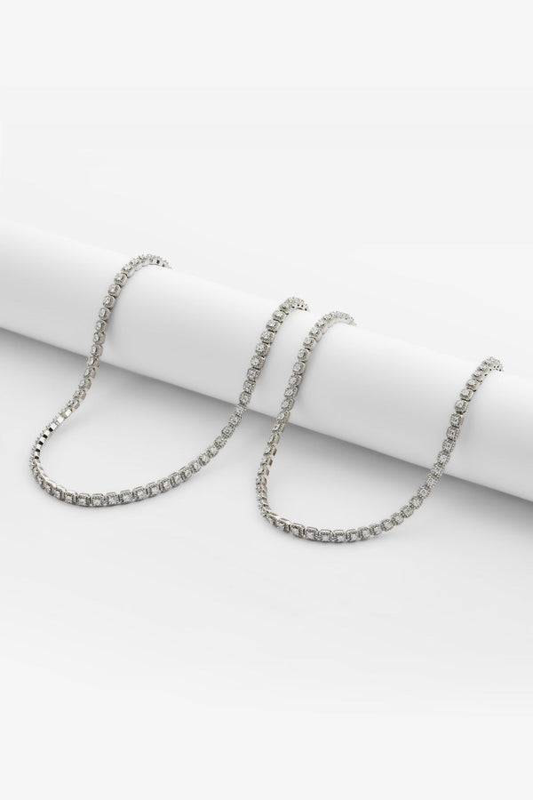 Double 7mm Clustered Tennis Chain Bundle - White Gold