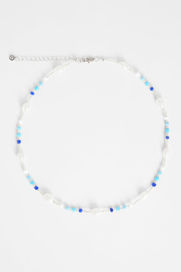 7mm Freshwater Pearl & Blue Bead Necklace