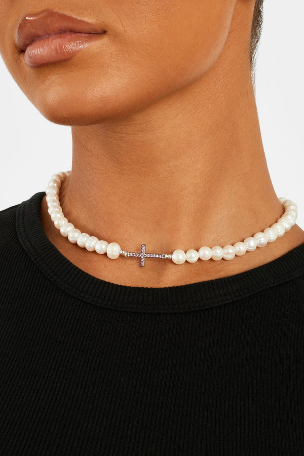 7mm Freshwater Pearl & Pink Iced Cross Necklace