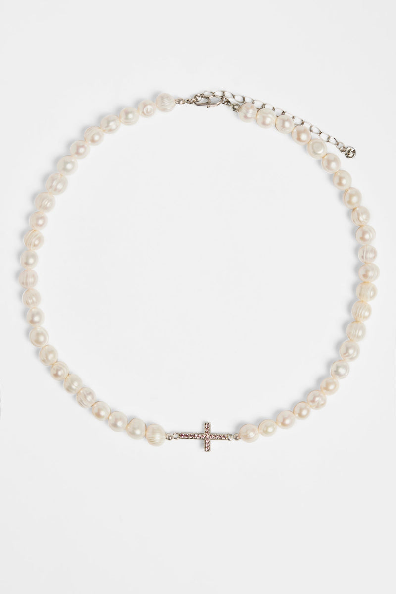 7mm Freshwater Pearl & Pink Iced Cross Necklace
