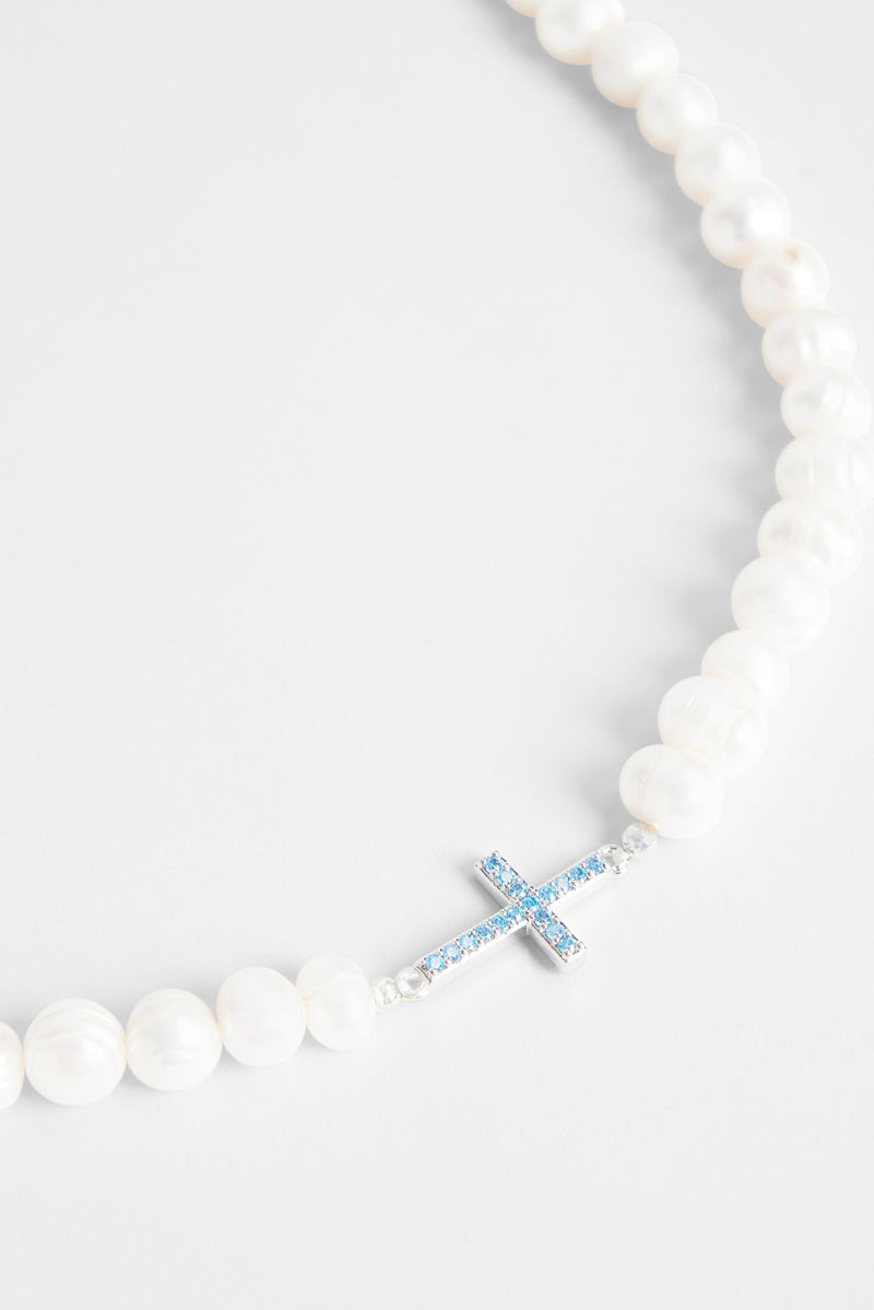 7mm Freshwater Pearl & Blue Iced Cross Necklace