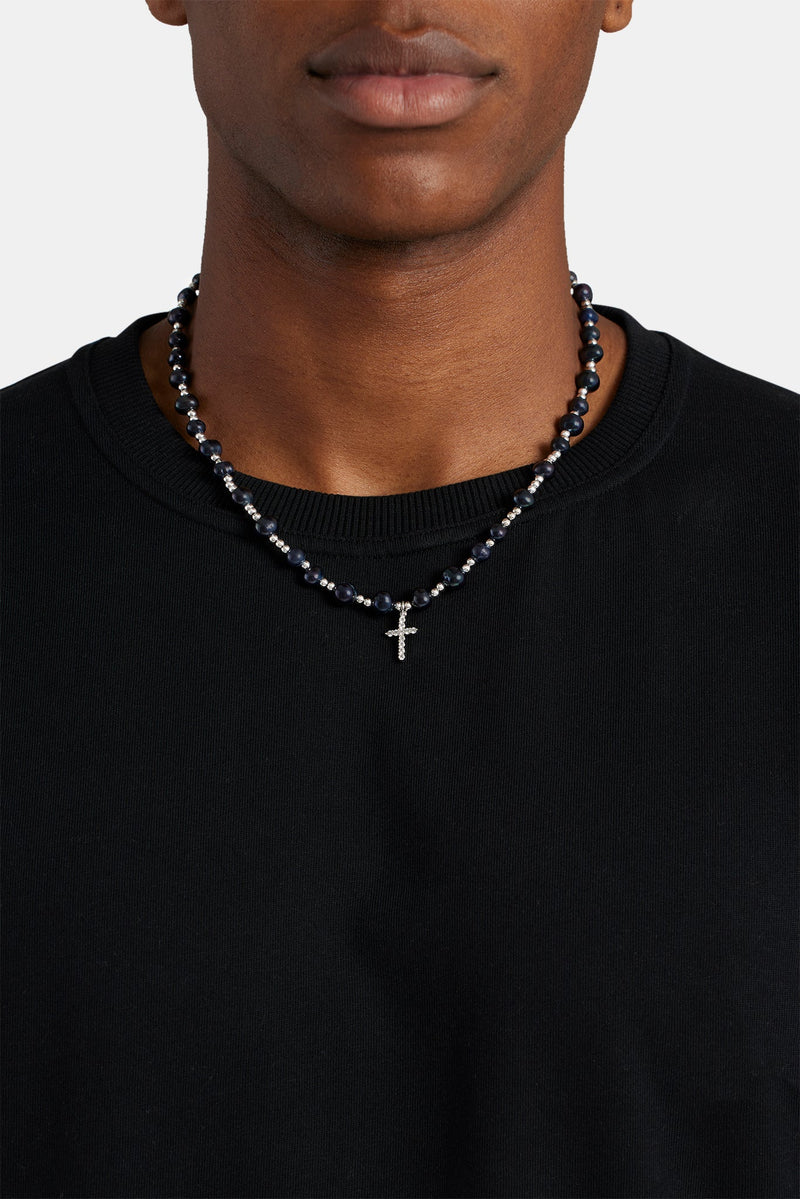 8mm Freshwater Black Pearl Necklace With Iced CZ Cross