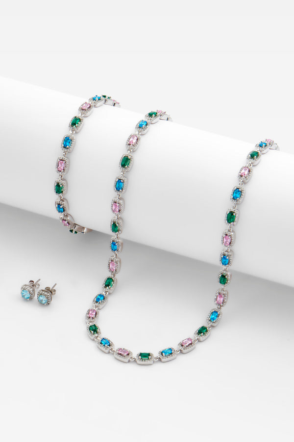 Allway Coloured Bezel Tennis Necklace + Bracelet & Iced Blue Clustered Stud Earrings Bundle