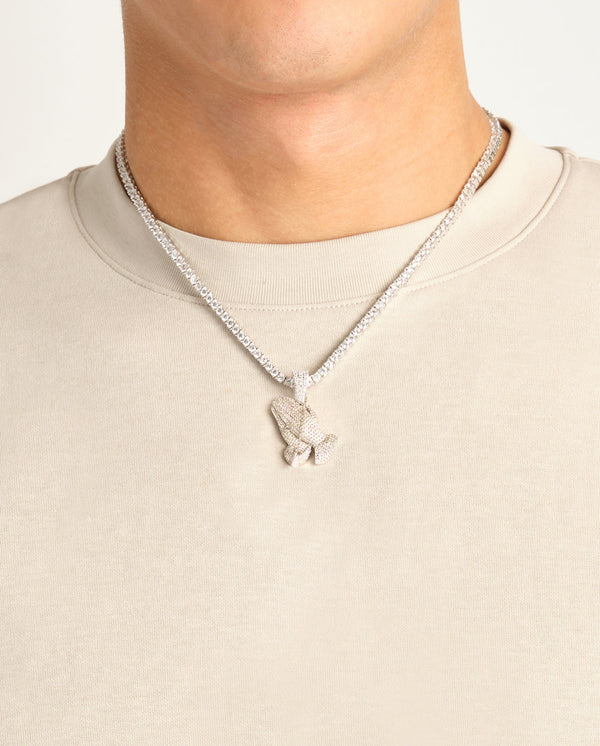 Iced Praying Hands Pendant - White Gold