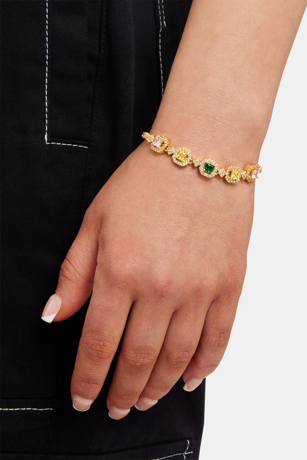 Multi Colour Cluster Tennis Bracelet - Gold