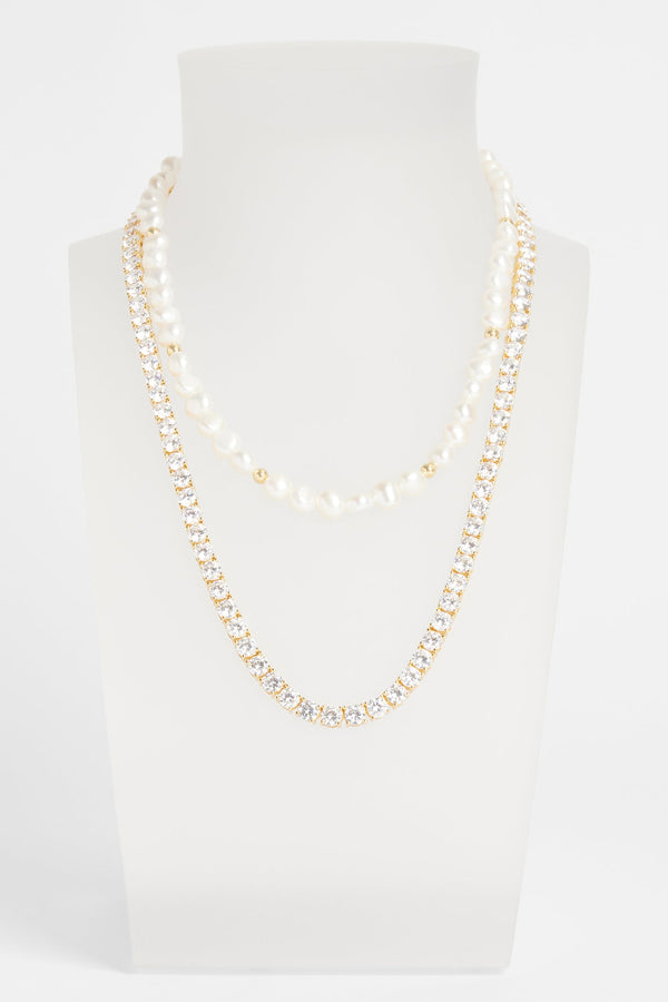 7mm Baroque Pearl Necklace & 5mm Tennis Chain - Gold