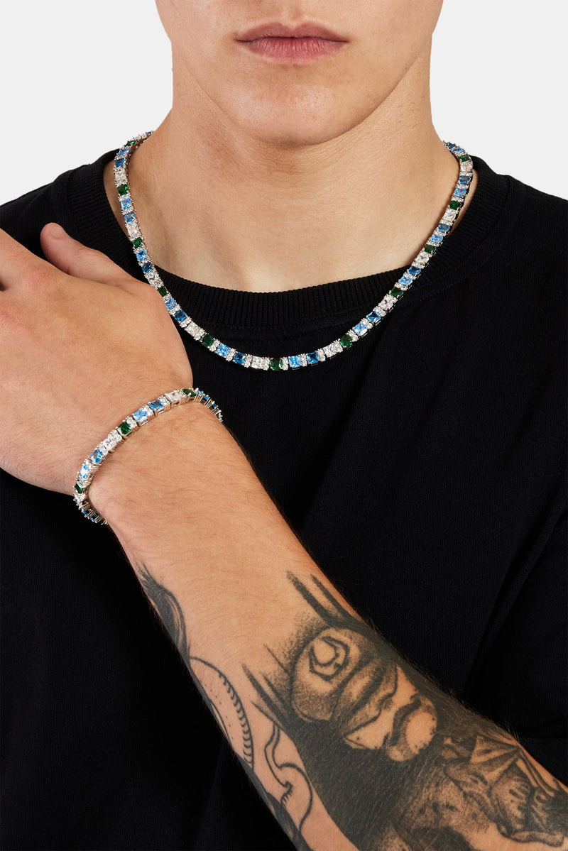 Blue & Green Baguette Tennis Chain + Bracelet Bundle