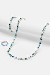Blue & Green Baguette Tennis Chain + Bracelet with Ring Bundle