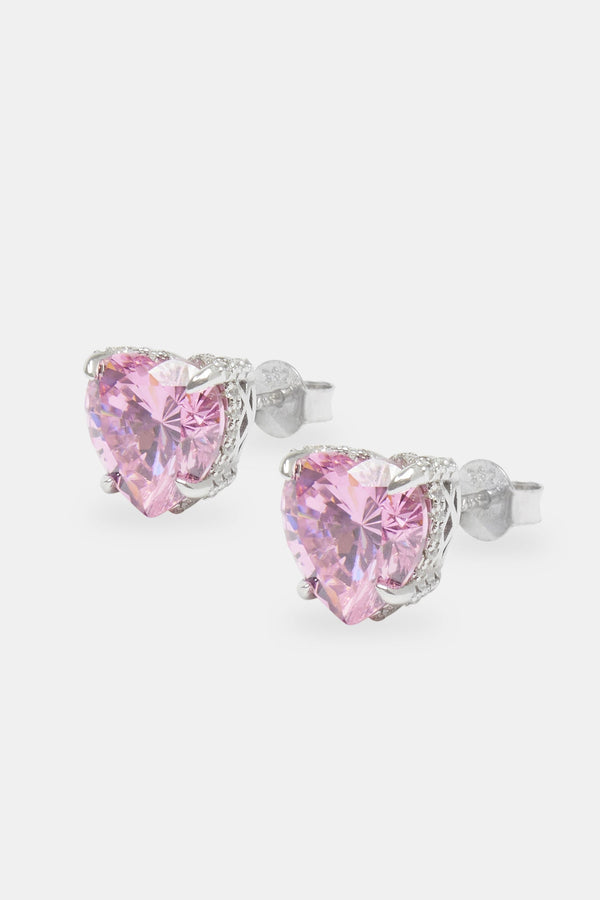 10mm Sterling Silver Iced Pink Heart Stud Earrings