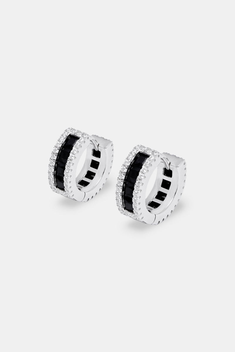 925 Black CZ Baguette Hoop Earrings - White