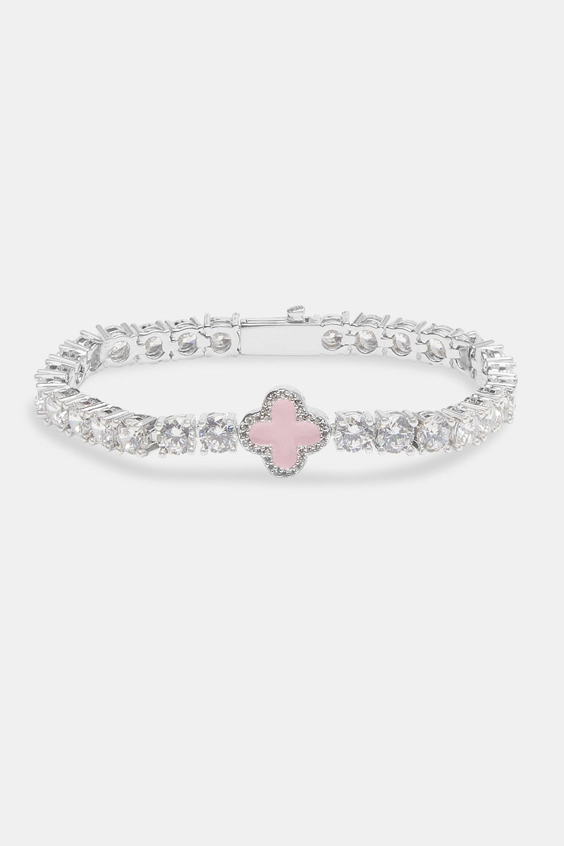 Iced Pink Motif Charm Tennis Bracelet - White 5mm