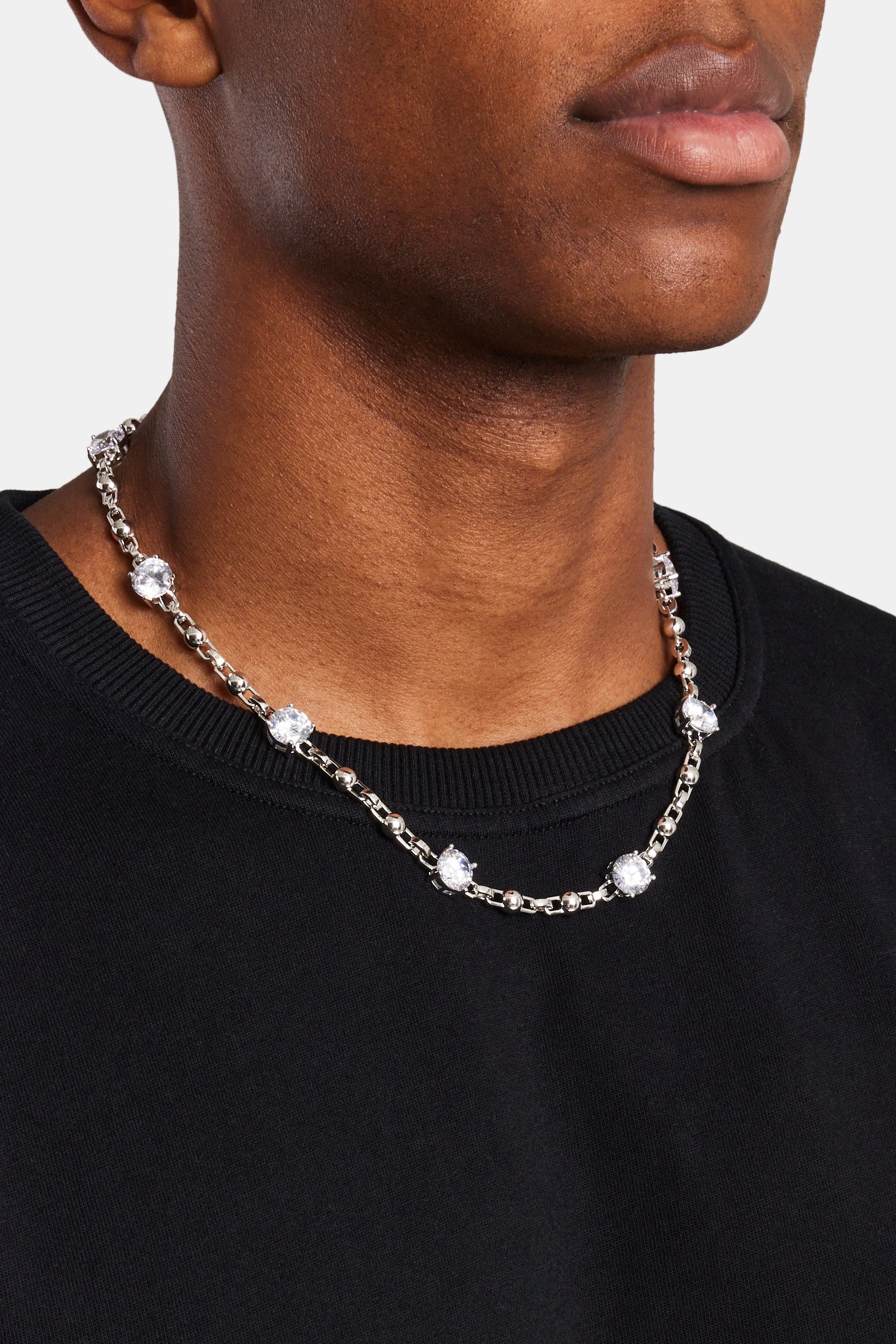 Iced CZ Gem & Ball Chain Mix Chain - White - 8mm