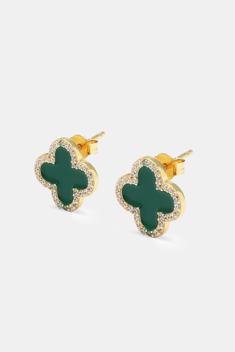 Green Motif Stud Earrings - Gold