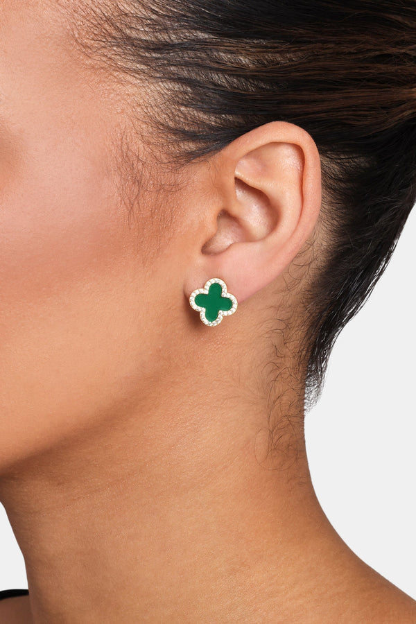 Green Motif Stud Earrings - Gold
