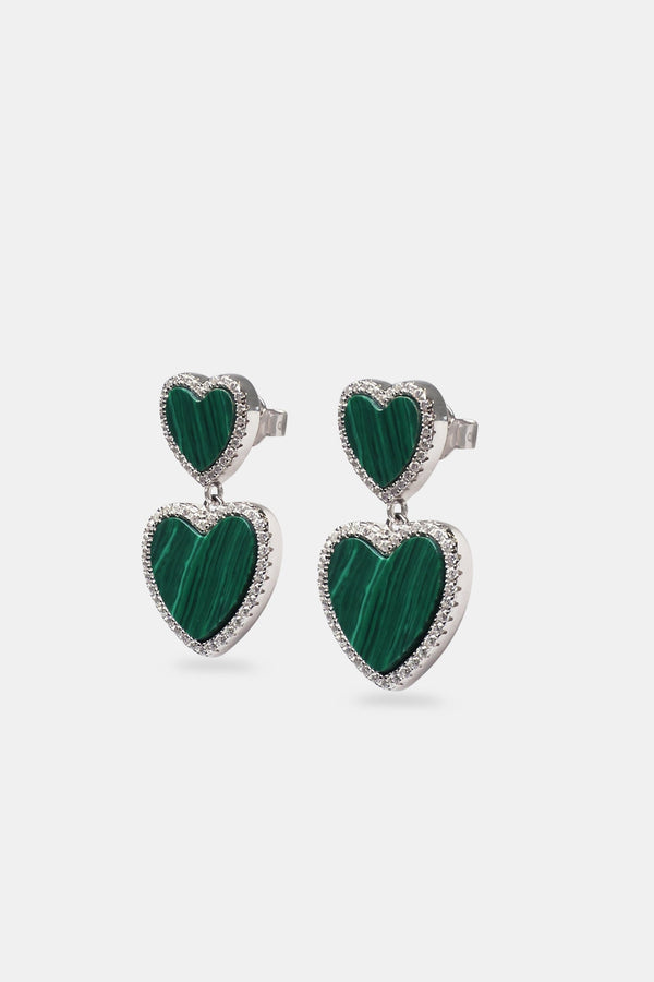 Green Malachite Heart Earrings - White