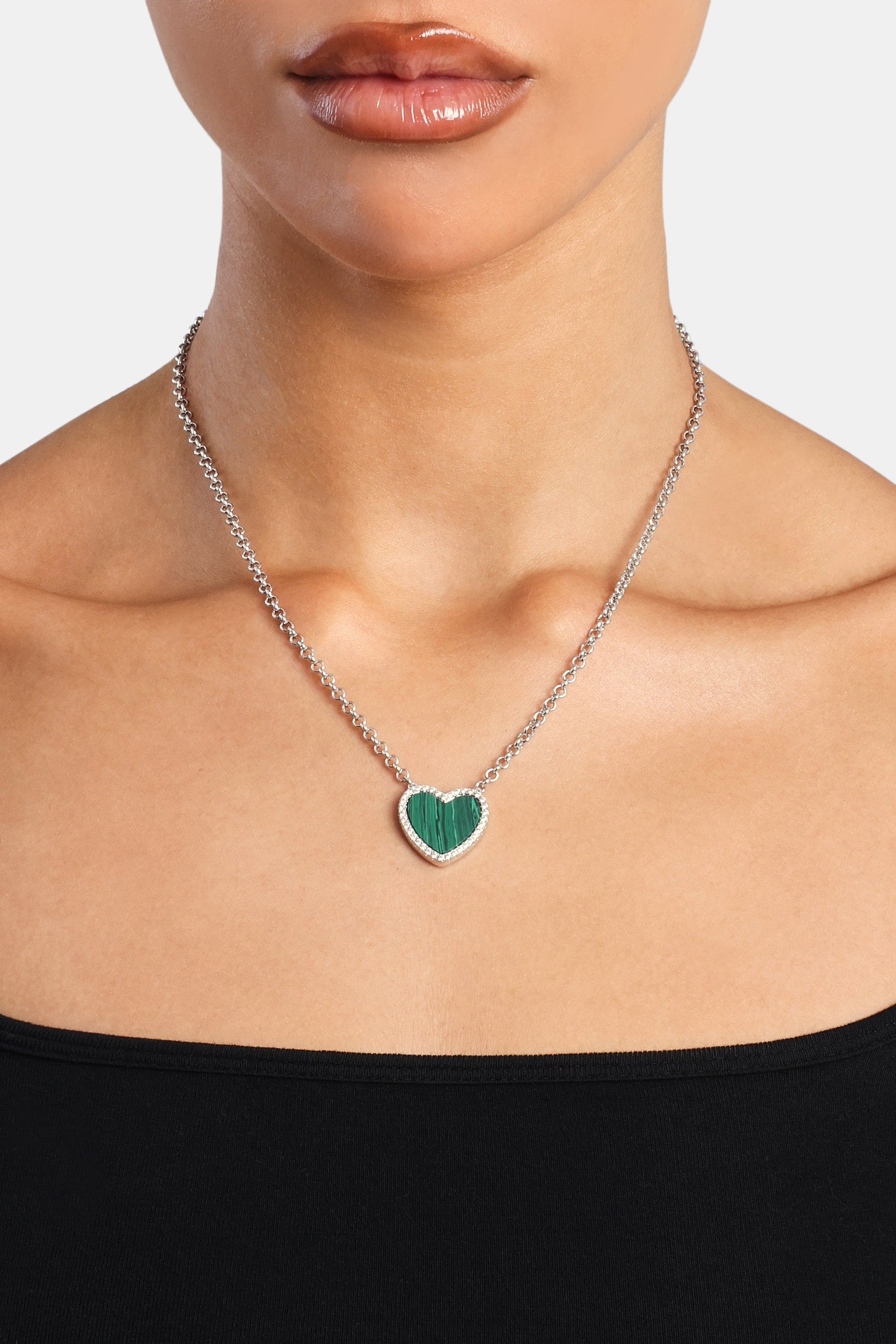 Green Malachite Heart Necklace - White - 20mm