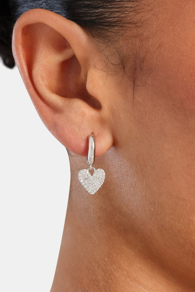 Iced Heart Huggie Hoop Earrings - White