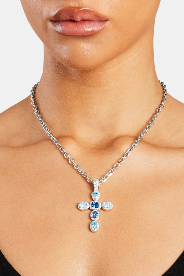 Iced Blue Cross Necklace - White