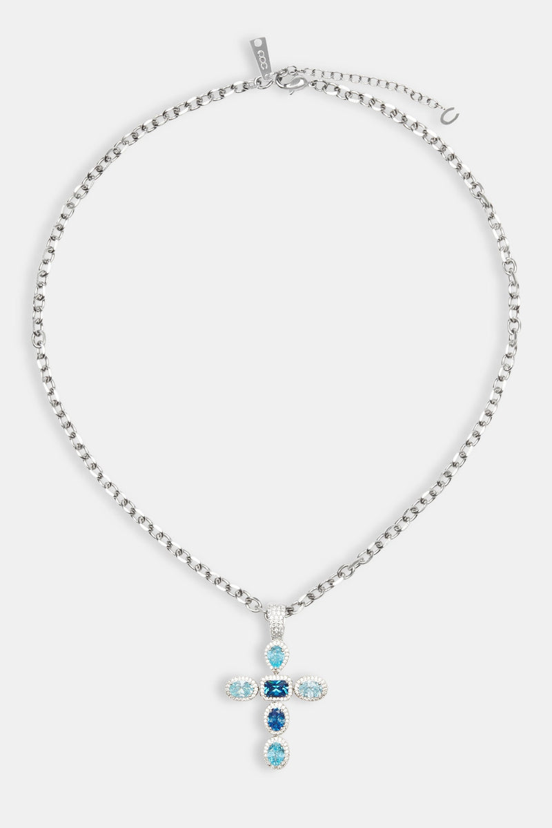 Iced Blue Cross Necklace - White