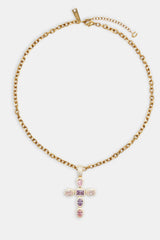 Iced Pink Cross Necklace - Gold