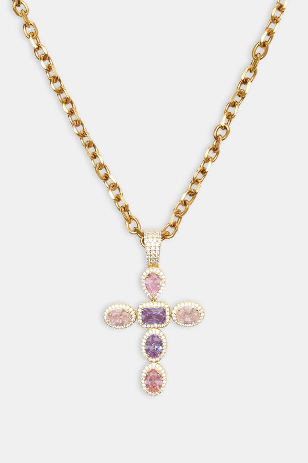 Iced Pink Cross Necklace - Gold