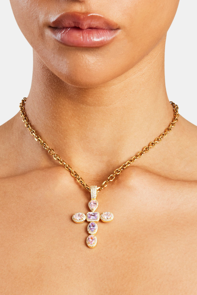 Iced Pink Cross Necklace - Gold