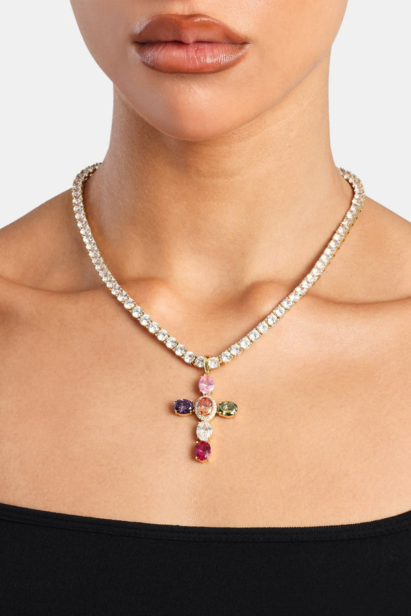 Multi Colour Gem Cross Pendant & 5mm Tennis Chain - Gold