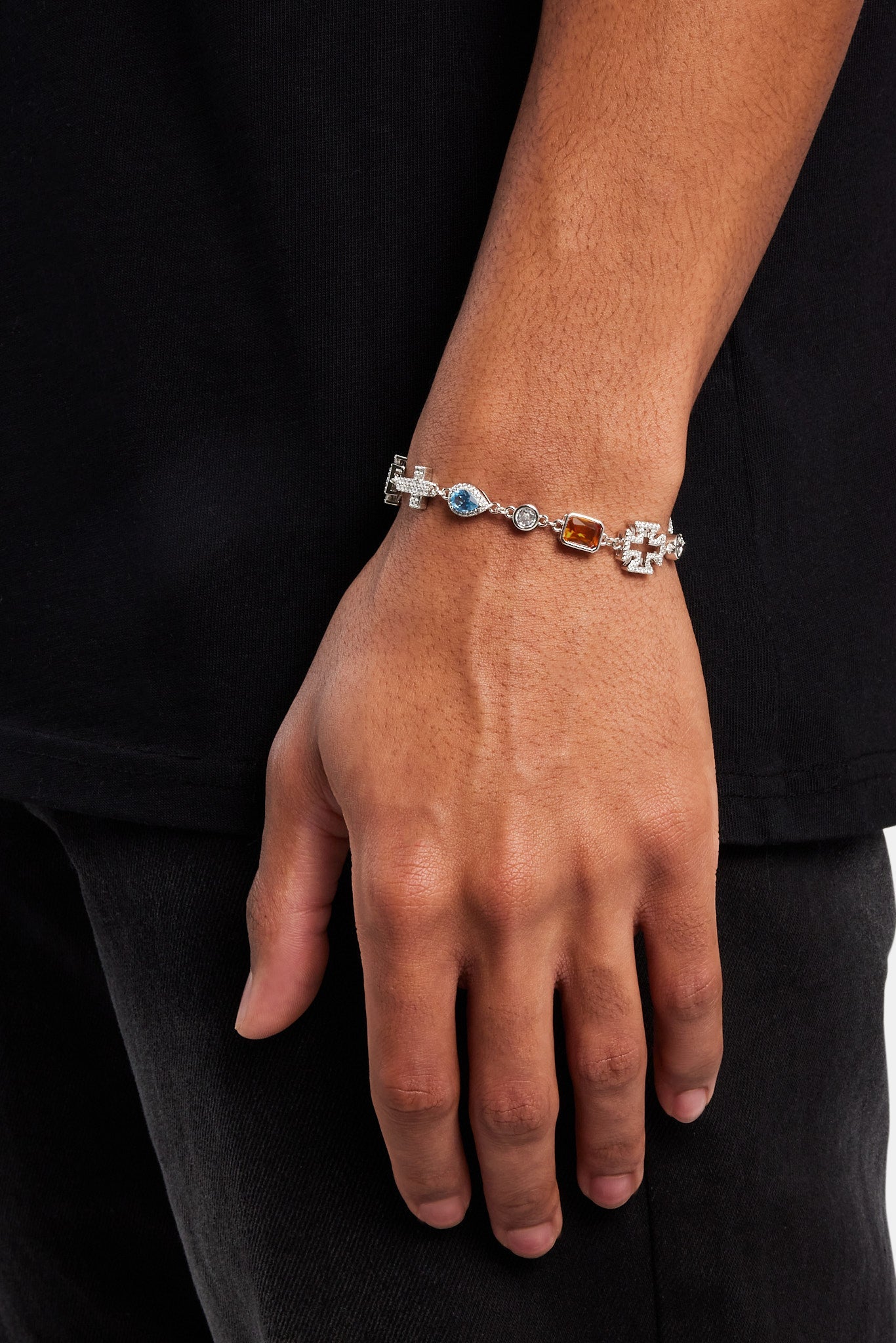 Multi Gemstone & Cross Bracelet - White - 10mm