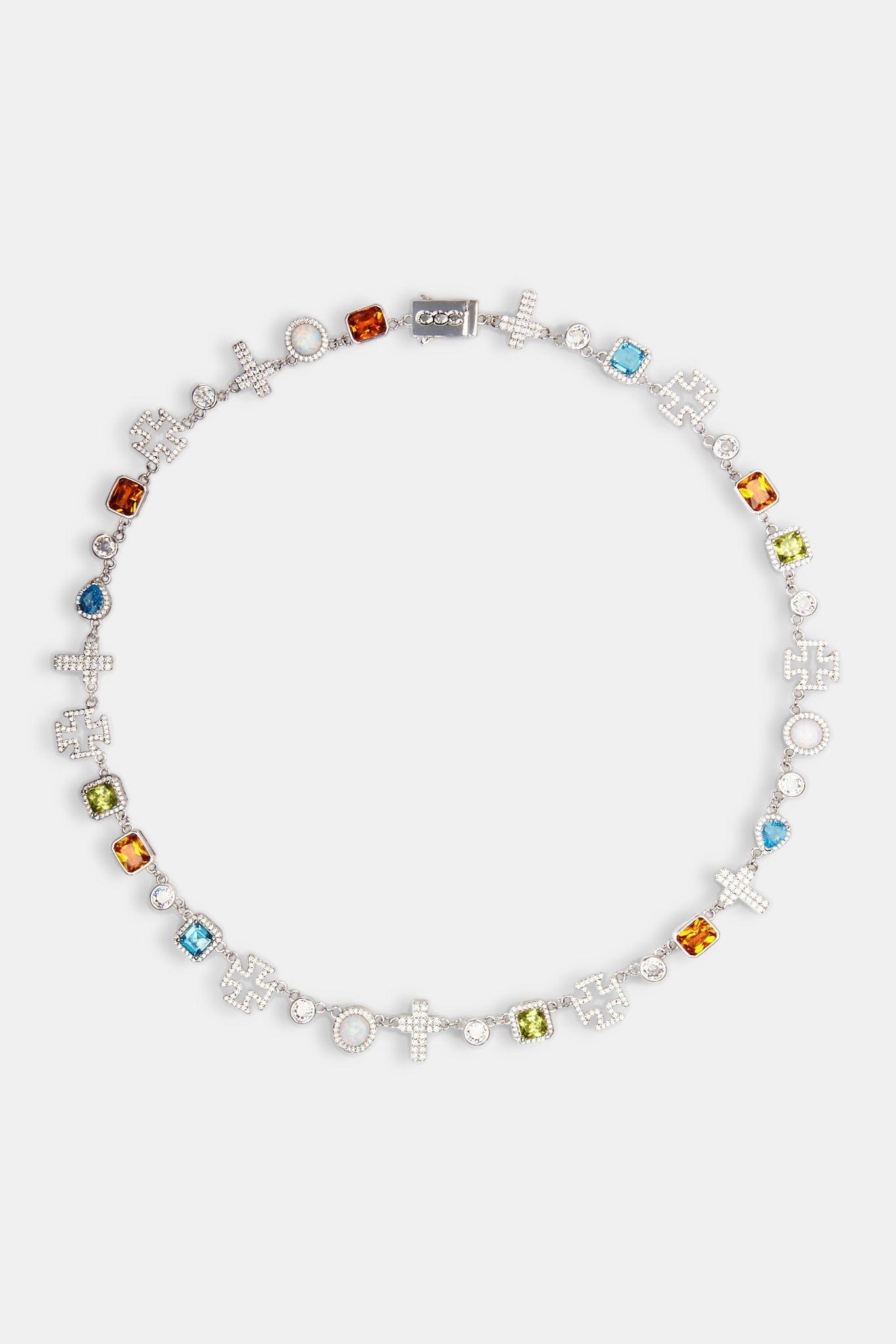 Multi Gemstone & Cross Chain + Bracelet - White - 10mm