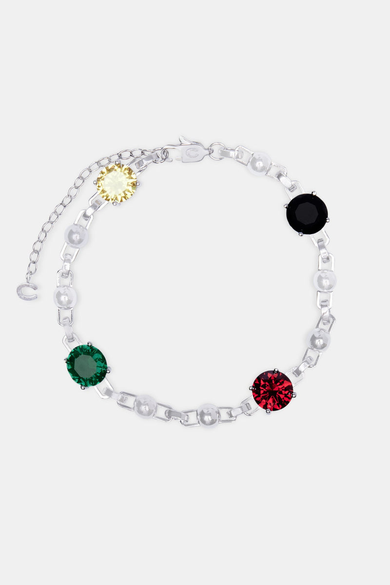 Multi Iced CZ Gem & Ball Chain Mix Bracelet - White